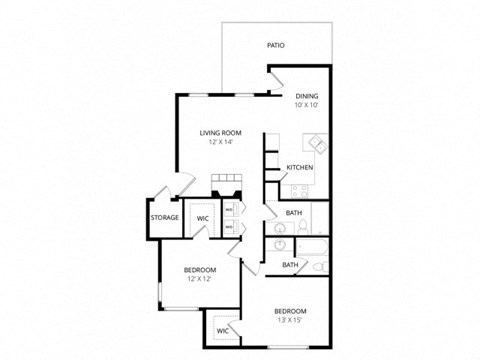 Floor plan for 2 beds, 2 baths, 958 sqft